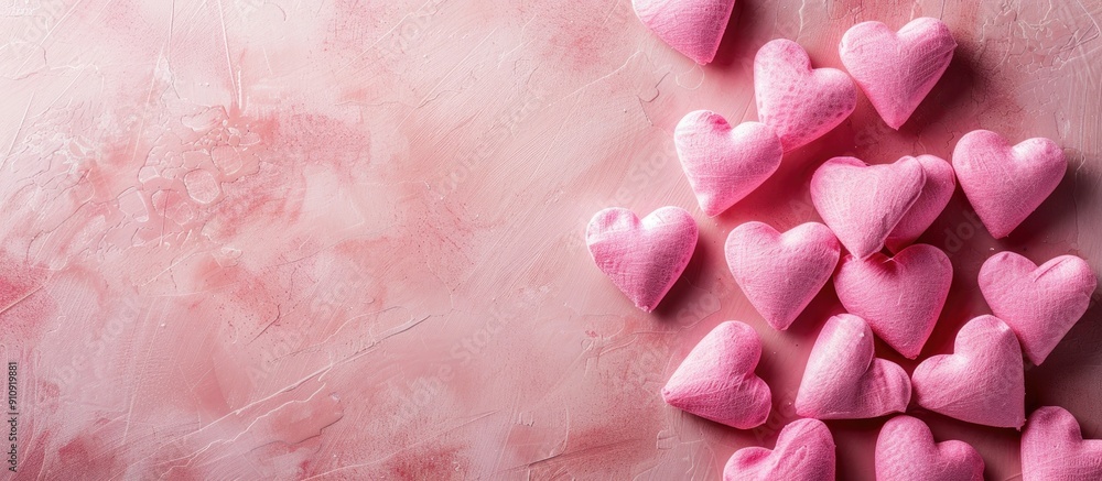 Poster top down view of pink hearts for valentine s day with ample copy space image