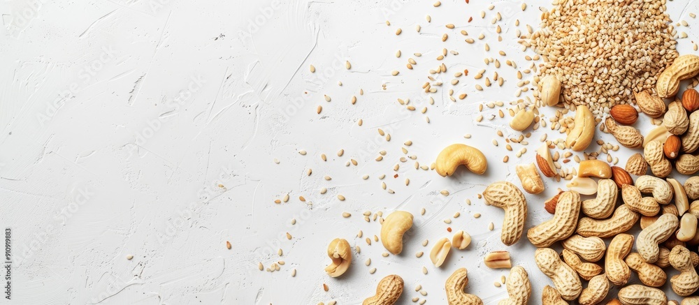 Poster Sesame seeds and peanuts arranged on a plain white backdrop with copy space image