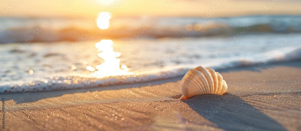 Leinwandbilder seashell on sandy beach with waves and sunlight in background creative set up for text reflects vaca