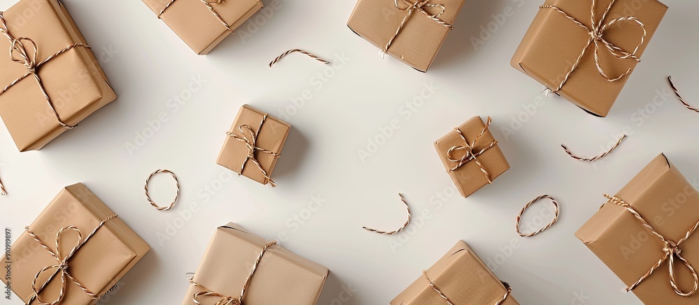 Poster top view mock up of wrapped boxes and a pad on a white background representing a parcel delivery con