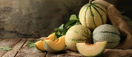 A range of melons displayed in a rustic sack with a blank area for adding text or images. Creative banner. Copyspace image