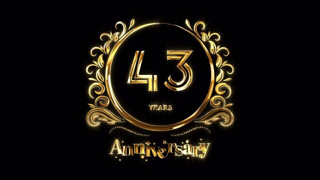 43rd Anniversary Celebration. Happy 43 Years Anniversary Animation in Gold Color on the Transparent Background, Alpha Channel. Great for greetings, celebrations, events, and gifts.