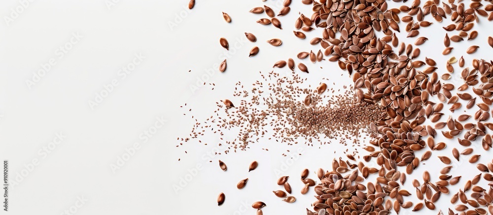 Leinwandbilder flax seeds scattered on the edge of a frame on white backdrop with copy space image