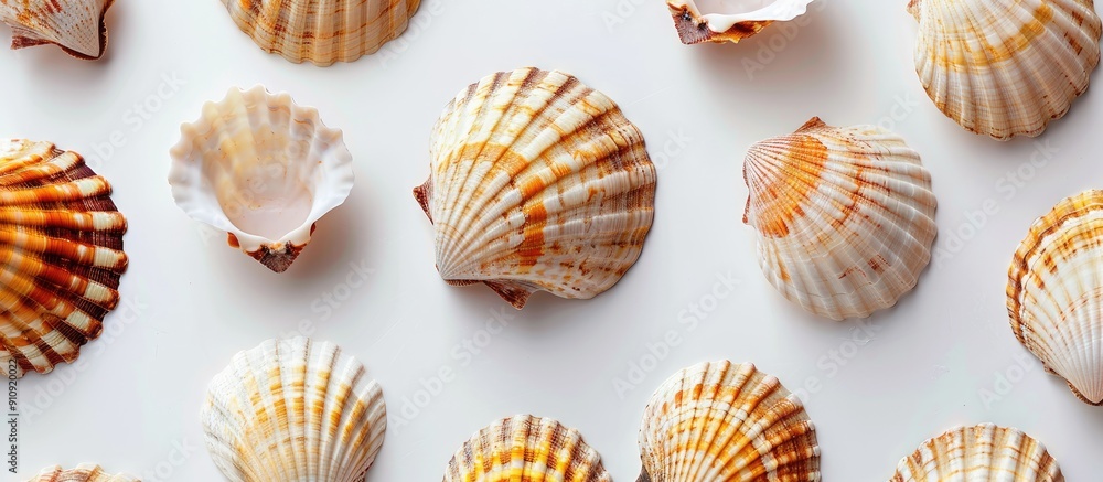 Poster several fresh scallop seashells arranged on a white backdrop providing ample copy space image