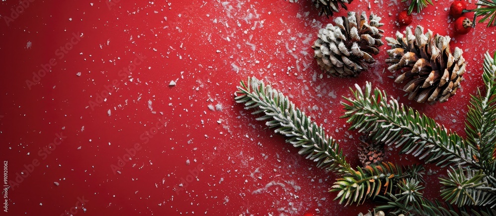 Poster festive christmas themed postcard with snow pine cones and copy space image against a red background