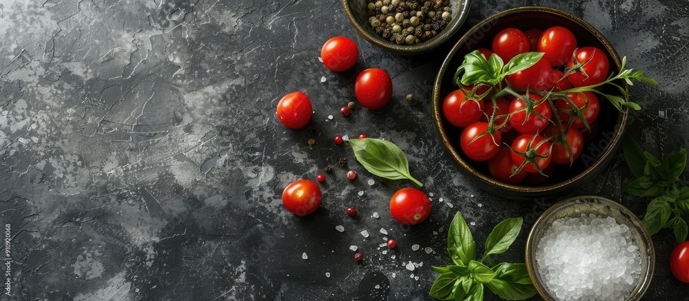 Poster materials to prepare cherry tomatoes salt herbs and spices displayed on a dark concrete backdrop wit