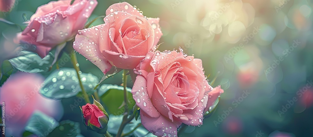 Poster pink rose flowers in a garden with raindrops featured in a selective focus view in a copy space imag