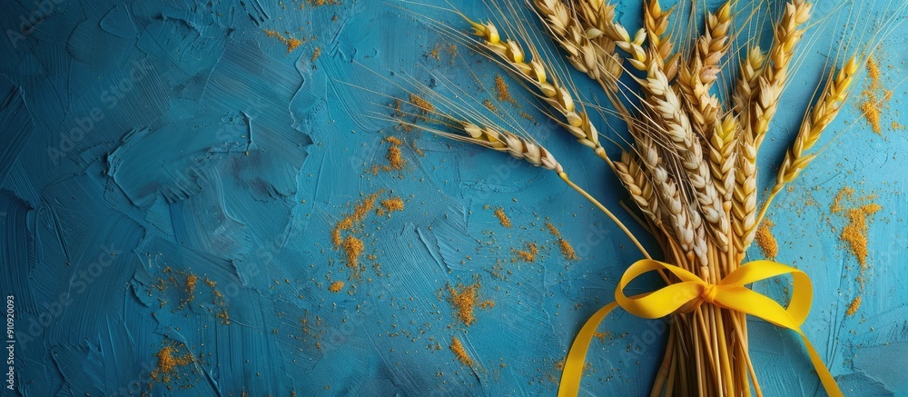 Poster top view of a stunning natural background with a macro photo of ripe golden wheat ears tied with a y