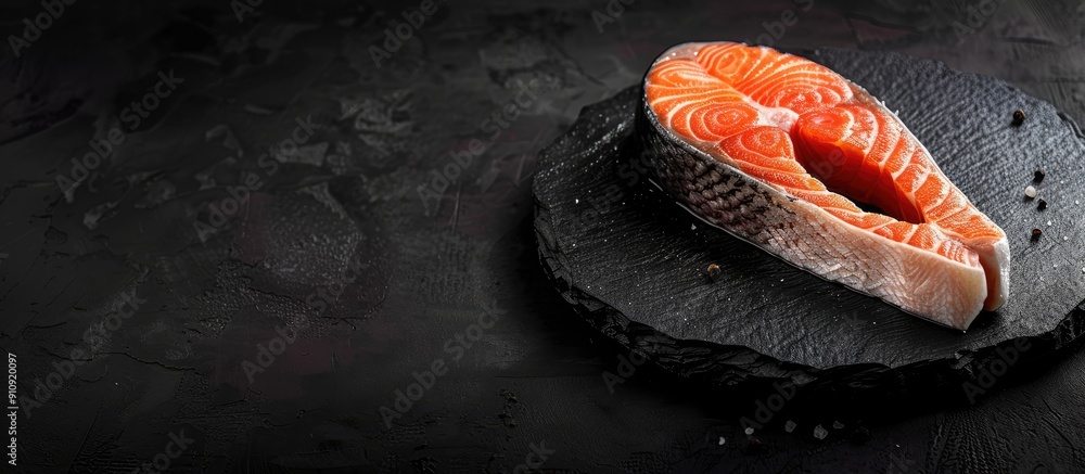 Poster A fresh raw salmon steak displayed on a dark background ideal for cooking or grilling creating a striking image with available copy space