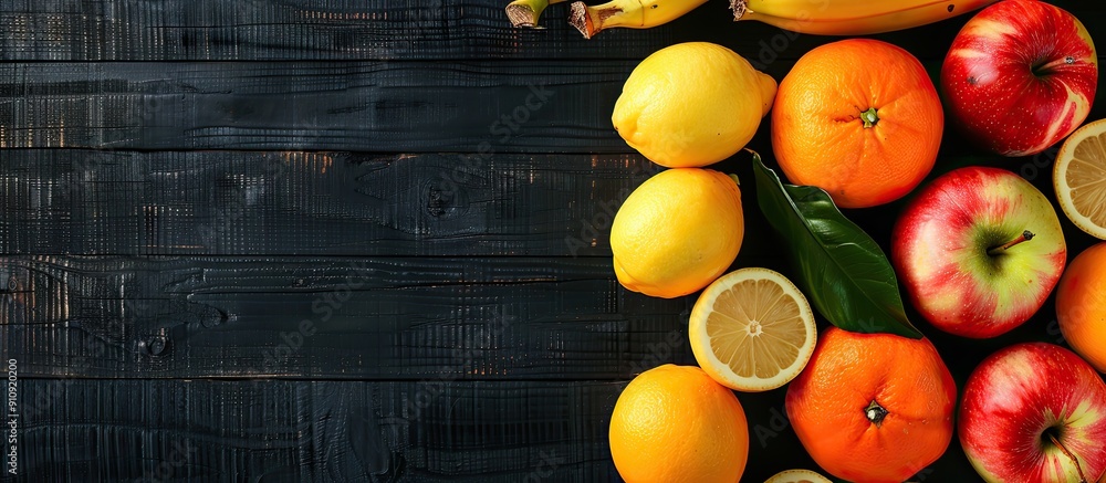 Poster fruits like lemons apples banana and tangerines are arranged on a black wooden table background with