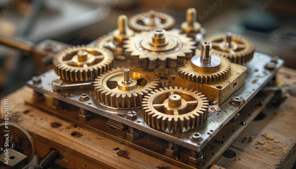 Poster closeup photo of a clock mechanism with intricate gears on a rustic wooden table