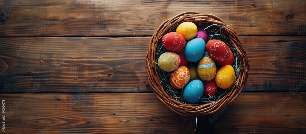 Fototapete Flat lay with a wicker basket holding colorful Easter eggs on a wooden table leaving room for text in the image. Creative banner. Copyspace image