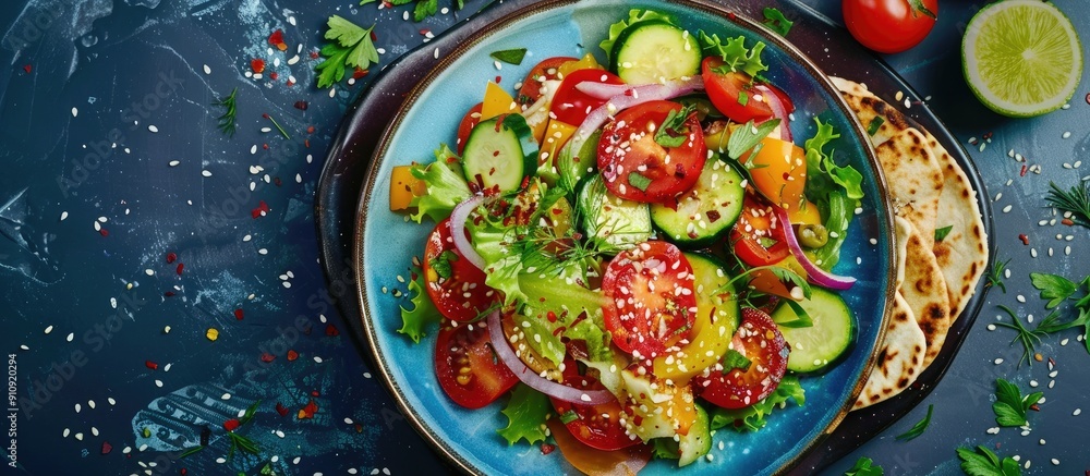 Poster plate of vegetable salad with cheese pepper zucchini tomatoes onions lettuce and lavash bits topped 