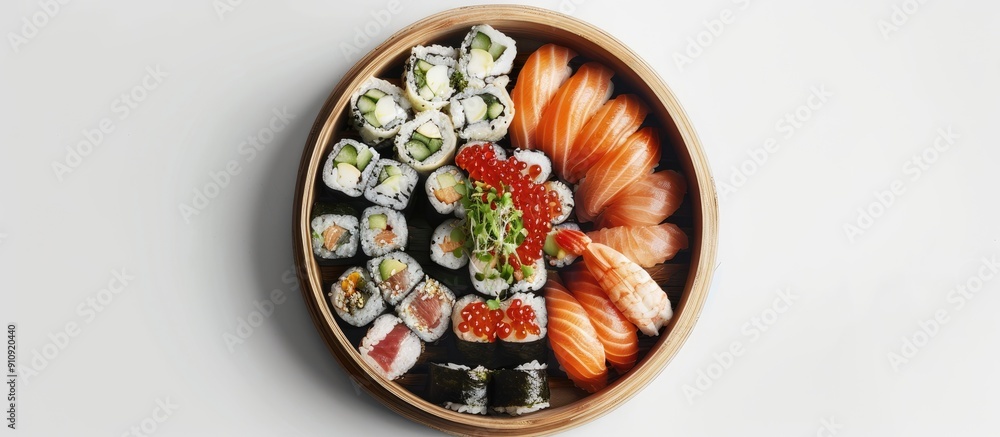 Aufkleber Japanese cuisine displayed on a circular platter in a mockup for a restaurant s menu with a white background The top view offers a copy space image for a seamless presentation
