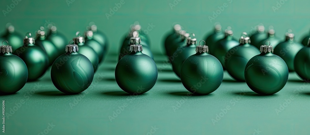 Fototapete rows of bright green christmas baubles neatly arranged on a green paper background creating a festiv