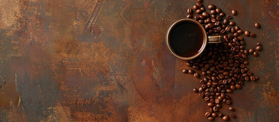 Top view shot of a coffee cup and beans arranged on an aged kitchen table with ample copy space image