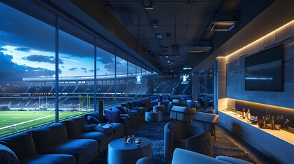 Naklejka premium Lavish VIP Lounge in an Illuminated Stadium at Nighttime with Panoramic Views of the Field