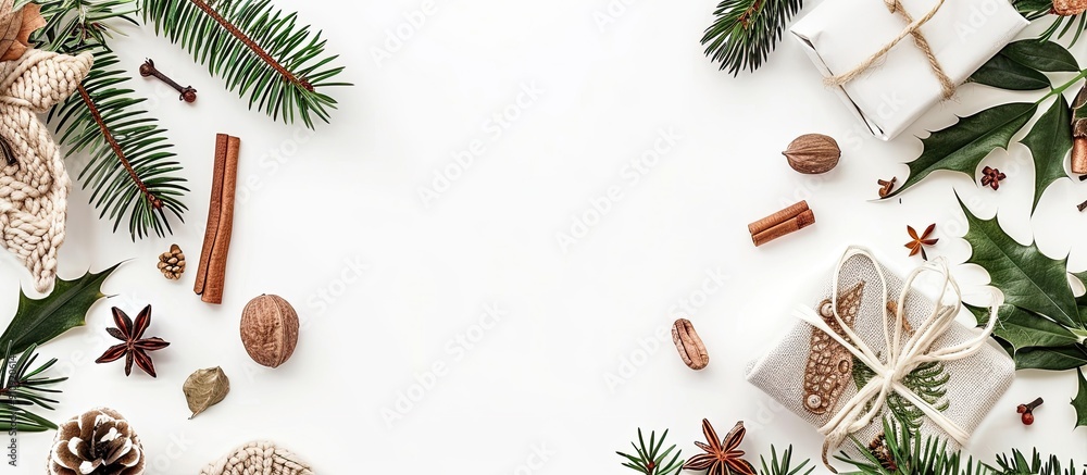 Aufkleber a festive christmas arrangement featuring knitted gifts greenery and spices on a white backdrop top 