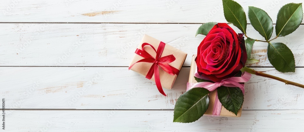 Poster love and valentine s concept depicted in an image showing a red and pink rose with a gift box on a w
