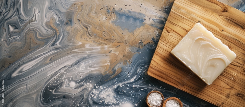 Poster Handcrafted organic soap on wooden surface with marble pattern and copy space image