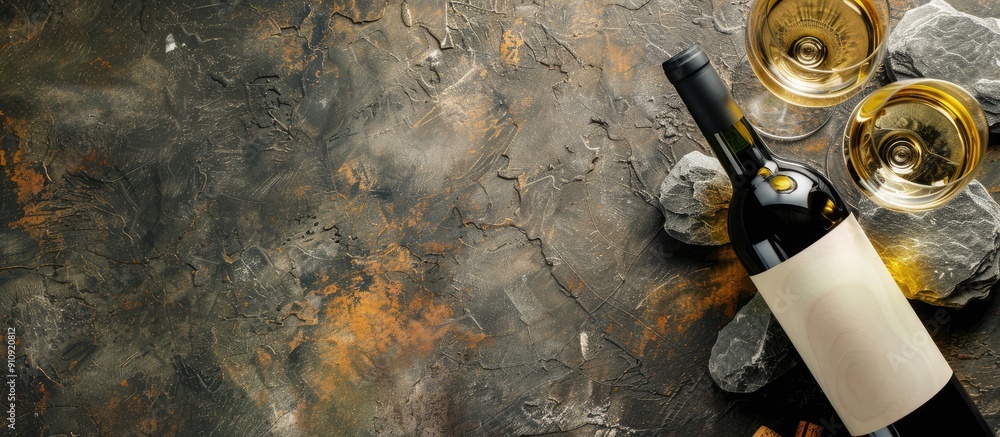 Aufkleber top down view of white wine bottle and glass on a stone surface with room for text in a copy space i