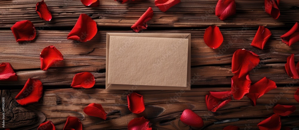 Leinwandbilder Wooden background with a gift card and red rose petals suitable for events like birthdays Valentine s Day or Mother s Day with an empty space for adding an image. Creative banner. Copyspace image