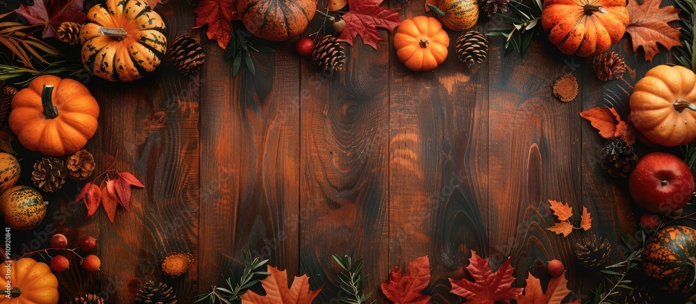 Poster top view of a wooden table adorned with autumn pumpkins fruits and fall leaves creating a thanksgivi
