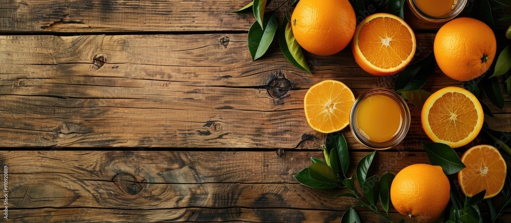 Aufkleber Orange juice with copy space image on wooden table over rustic background