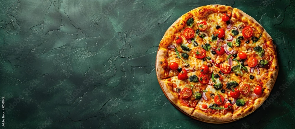 Aufkleber Top view of a scrumptious vegetarian pizza on a green tabletop with copy space image available