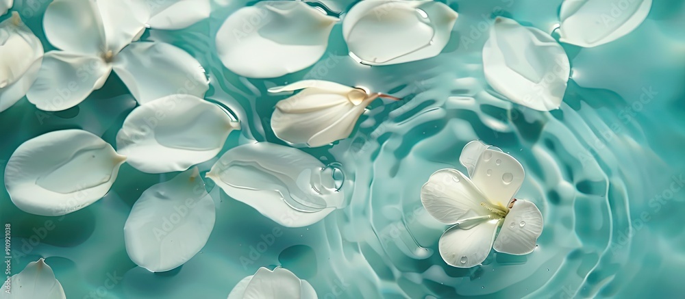 Poster macro shot of floating jasmine petals with a water drop perfect for backgrounds top view flat lay im