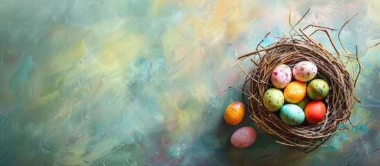 An Easter themed holiday card featuring a modern art depiction of a cute nest with small colorful eggs perfect for celebrating Easter traditions with a copy space image