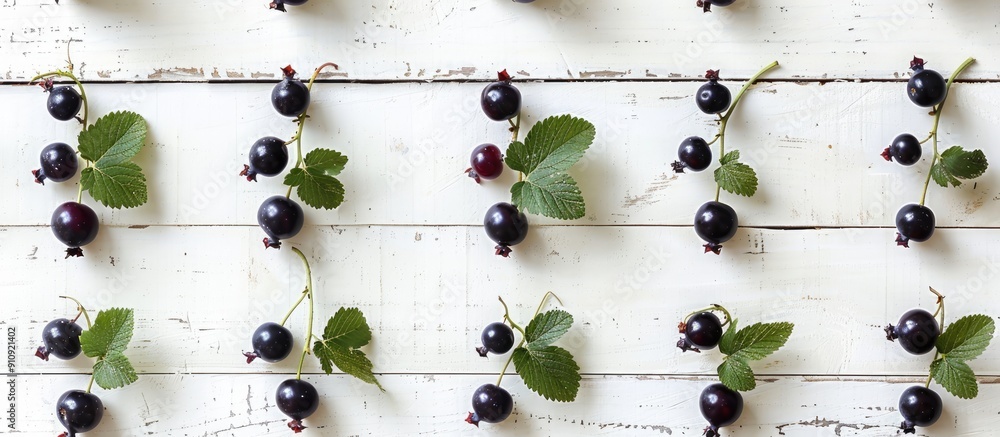 Aufkleber Fresh blackcurrants arranged in rows on a white wooden backdrop creating a natural pattern with copy space image for a summer themed and healthy food concept