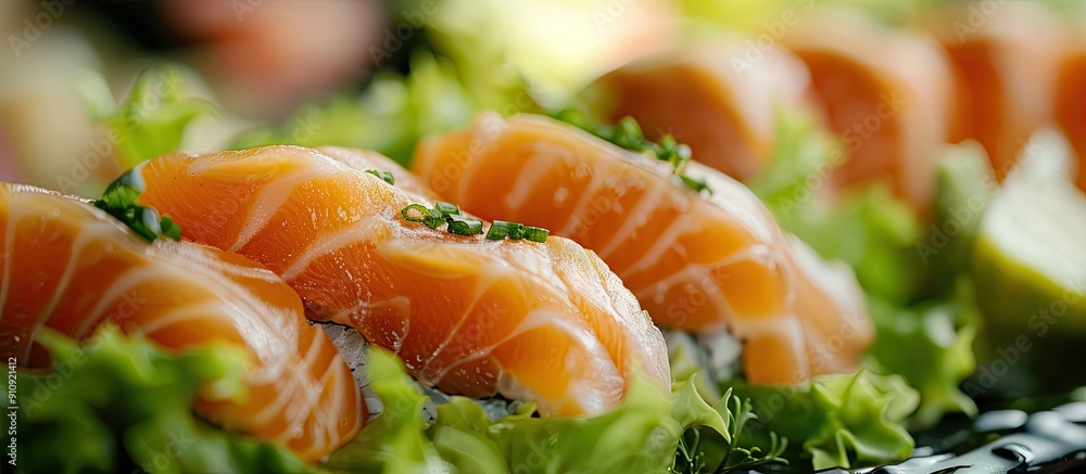 Aufkleber salmon sushi presented on a bed of fresh greens with a copy space image included