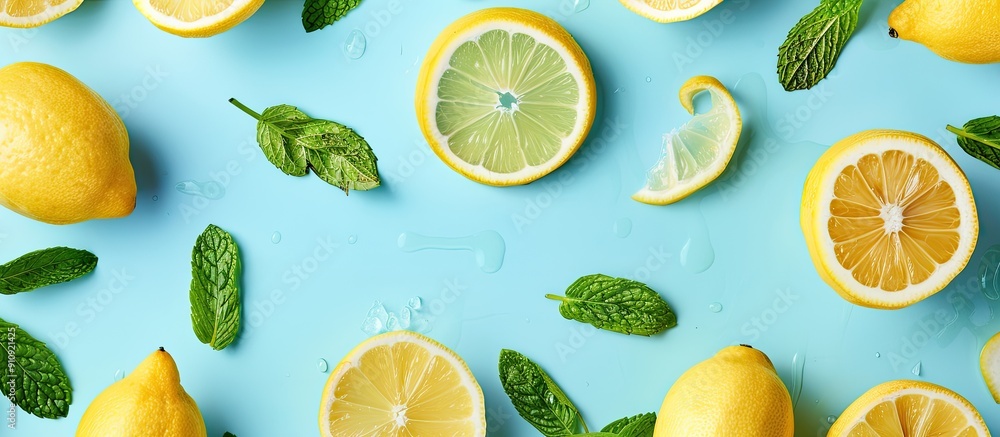 Poster a fresh and trendy summer themed flat lay with lemon patterns on a bright light blue background with