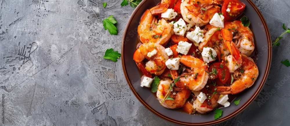 Poster top view of greek prawns shrimp saganaki with feta tomato paprika and thyme on a gray background wit
