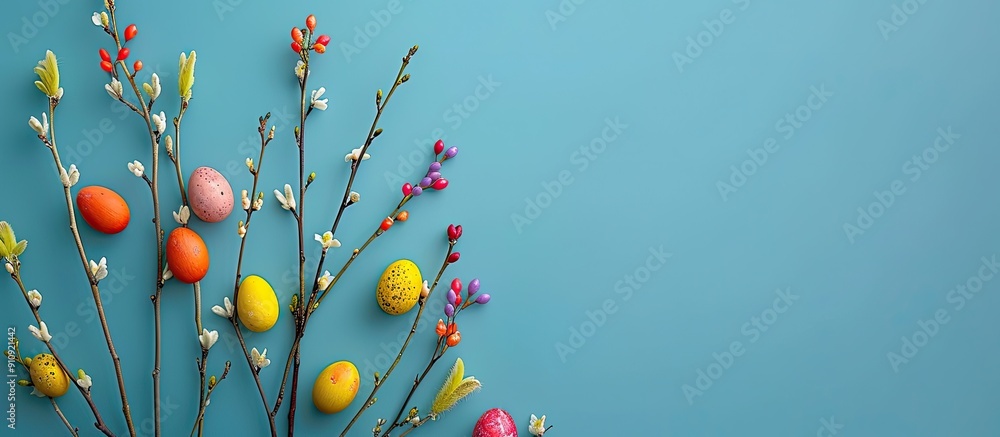 Leinwandbilder Willow branches and colorful eggs create an Easter composition on a blue background ideal for a greeting card with copy space image in banner size