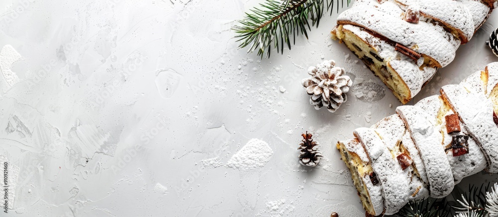 Poster a festive christmas stollen adorned with powdered sugar displayed on a rustic white table in a flat 