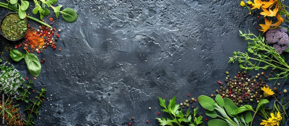 Poster Herbs and seasonings displayed on a black stone background in a top down view with room for a copy space image