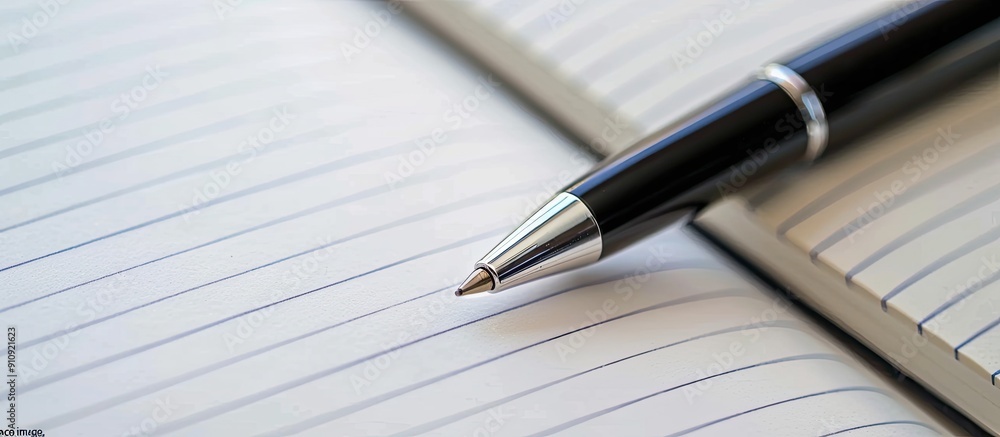 Fototapete A pen resting on a notebook against a white backdrop with plenty of empty copy space image