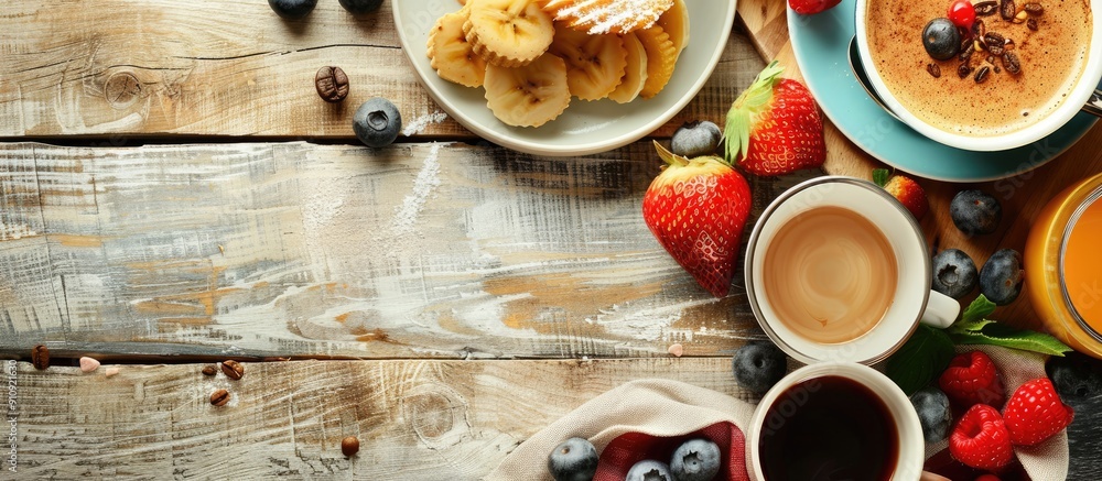 Aufkleber enjoy a breakfast spread featuring coffee and pudding showcased in a delightful copy space image