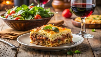 Lasa&ntilde;a de carne con salsa bechamel y queso gratinado servida en un plato, acompa&ntilde;ada de ensalada y copa de vino tinto.