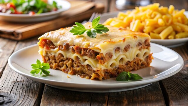 Lasa&ntilde;a casera servida en un plato blanco con salsa de carne y queso, acompa&ntilde;ada de macarrones y ensalada fresca.