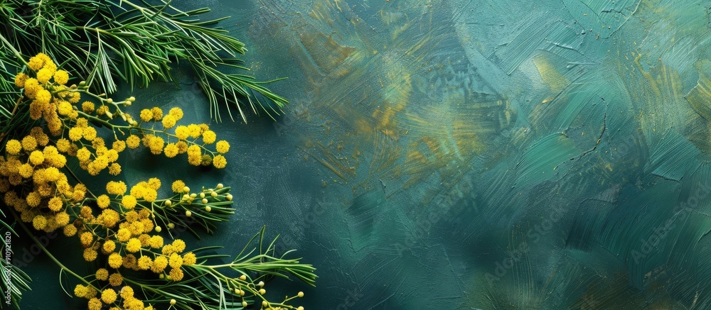 Poster floral arrangement featuring mimosa flowers on a green backdrop for text in a flat lay copy space im