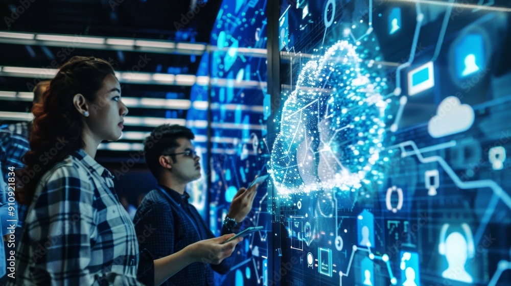 Poster a woman and a man are looking at a computer screen with a blue cloud on it