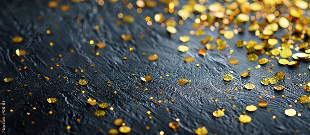 Poster festive concept shown in abstract gray backdrop adorned with bright yellow sequins for a striking co
