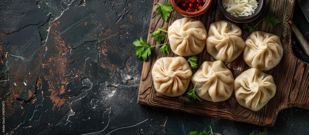 Poster uncooked georgian meat dumplings khinkali on a cutting board with ample copy space image available