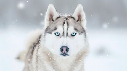 Naklejka premium A dog with blue eyes is standing in the snow. The dog's fur is white and fluffy, and it is enjoying the cold weather