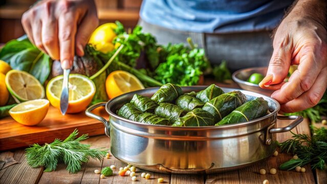 Preparaci&oacute;n de hojas de parra rellenas con lim&oacute;n, rodeado de hierbas frescas y otros ingredientes.