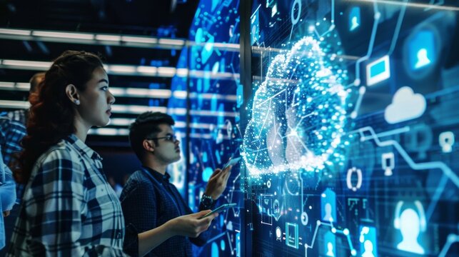 A woman and a man are looking at a computer screen with a blue cloud on it