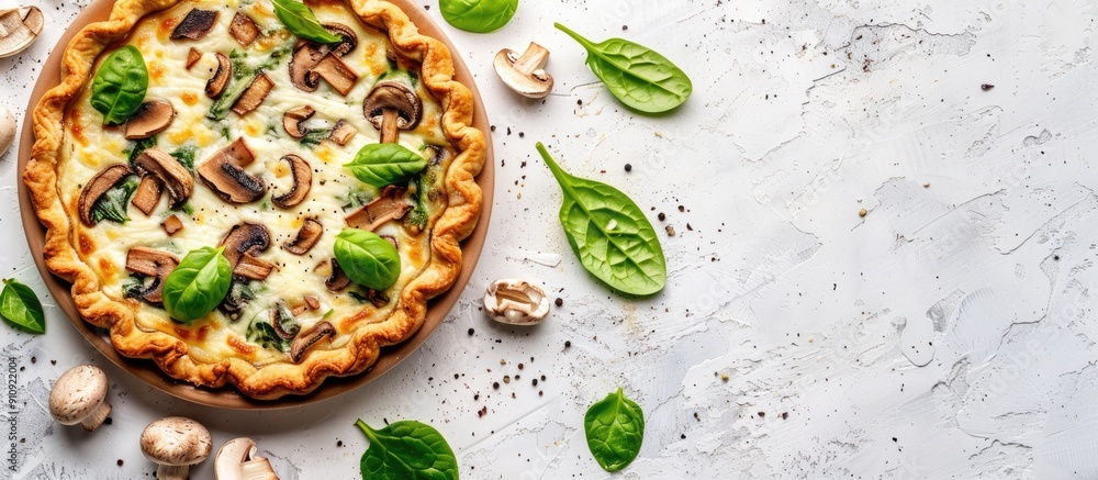 Aufkleber Pie with mushrooms spinach and cheese displayed on a white background with copy space image